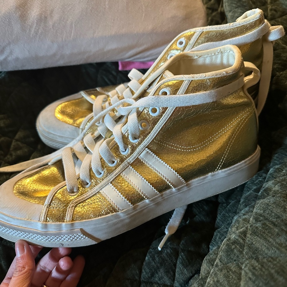 adidas men’s High-Top Metallic Gold and White Sneakers